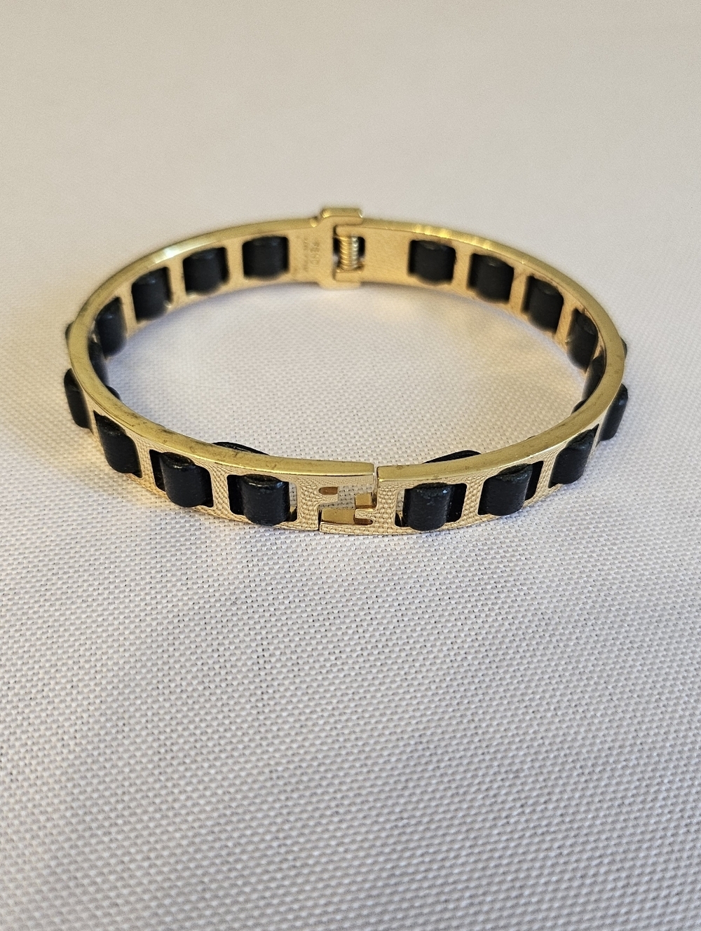 Fendi Gold Tone Black Leather FF Logo Hinged Bangle Bracelet w/ Box
